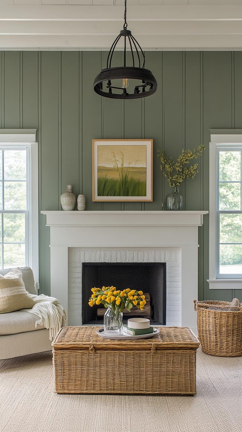 23 Best modern farmhouse living room ideas to inspire you 72 23. Damped color palette with olive green, deep blues and sun-drenched rust-2
