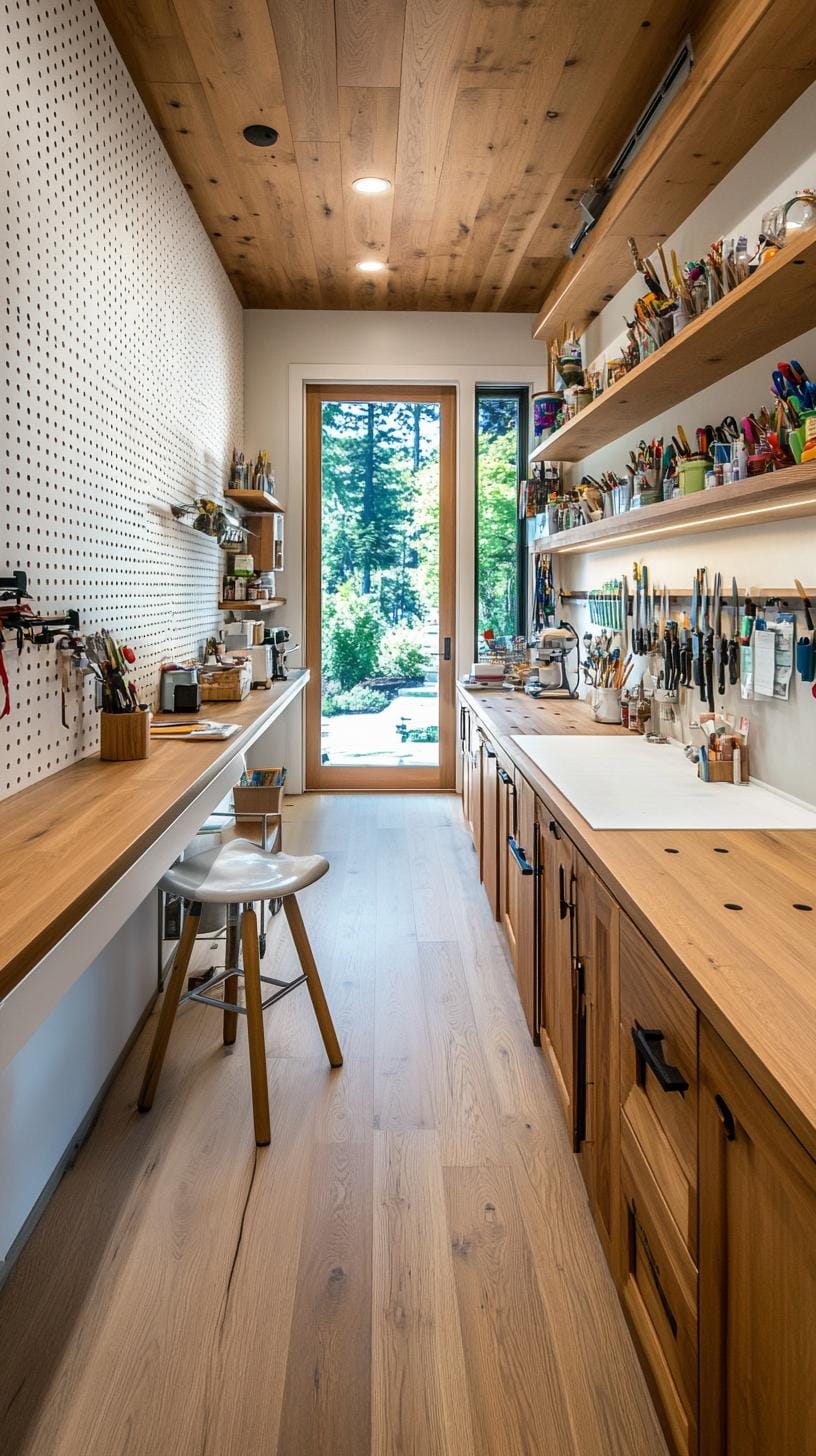 25 Bastelraum -Ideen mit genialen Organisation und Dekor Tipps 44 15. Schmaler Handwerksraum mit langer Arbeitstisch und Pegboard-0