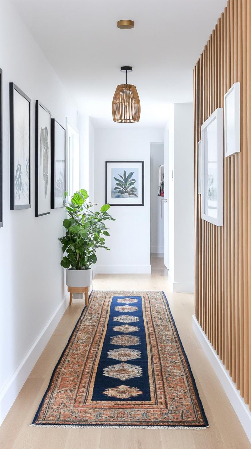 37 Gallery Wall Decor Ideas: Layouts And Styles to Elevate Any Room 64 21. Narrow hallway stripe wall with a linear stripe of small vertical frames-0