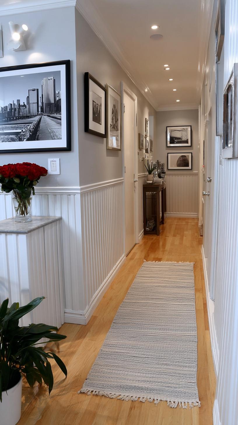 37 Gallery Wall Decor Ideas: Layouts And Styles to Elevate Any Room 65 21. Narrow hallway stripe wall with a linear stripe of small vertical frames-1