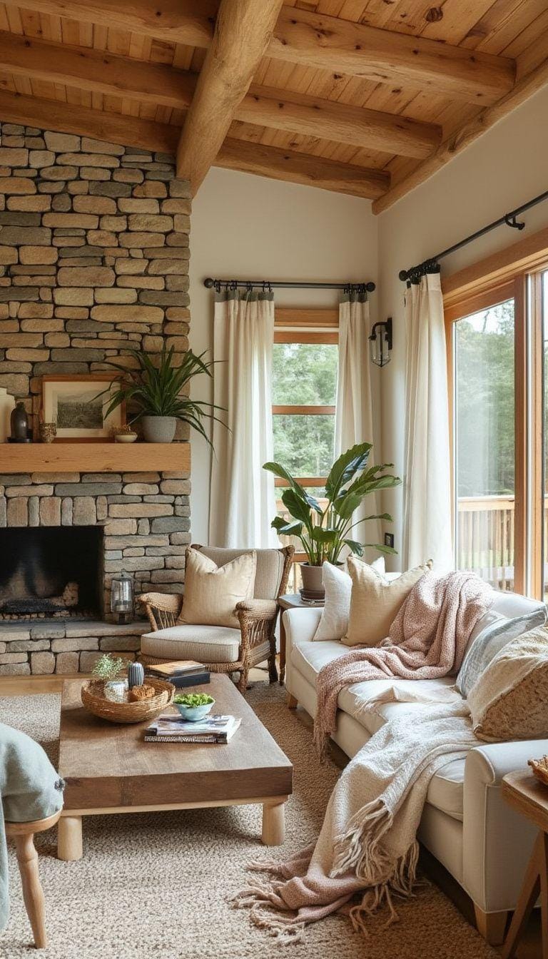23 Einzigartige Boho Farmhouse Wohnzimmer Ideen zum Kopieren 69 22. Natürliche Ernährung: Funken Sie organische Elemente aus, die Holzböden, Stein-Außenbereiche und sandfarbige Stoffe mit einem Raum der Serenity-0 verbessern.