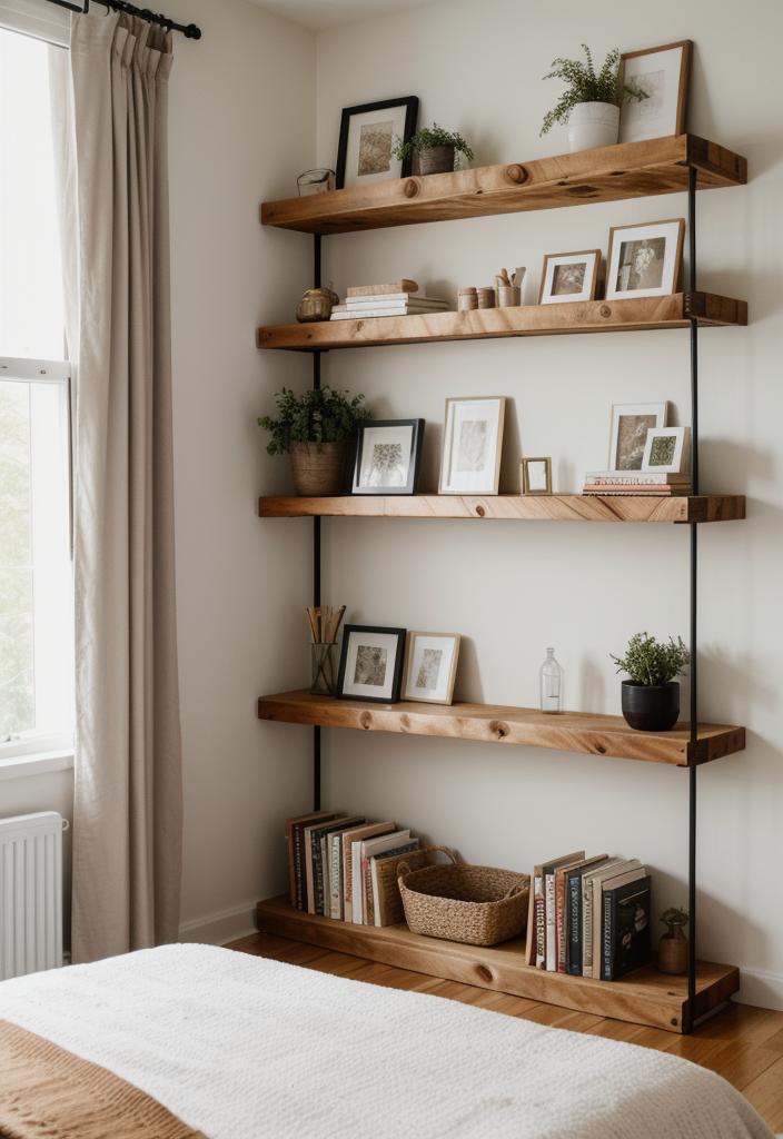 36 Earthy Bedroom Ideas for a Serene Space 56 31. Natural Wood Shelving DIY-1