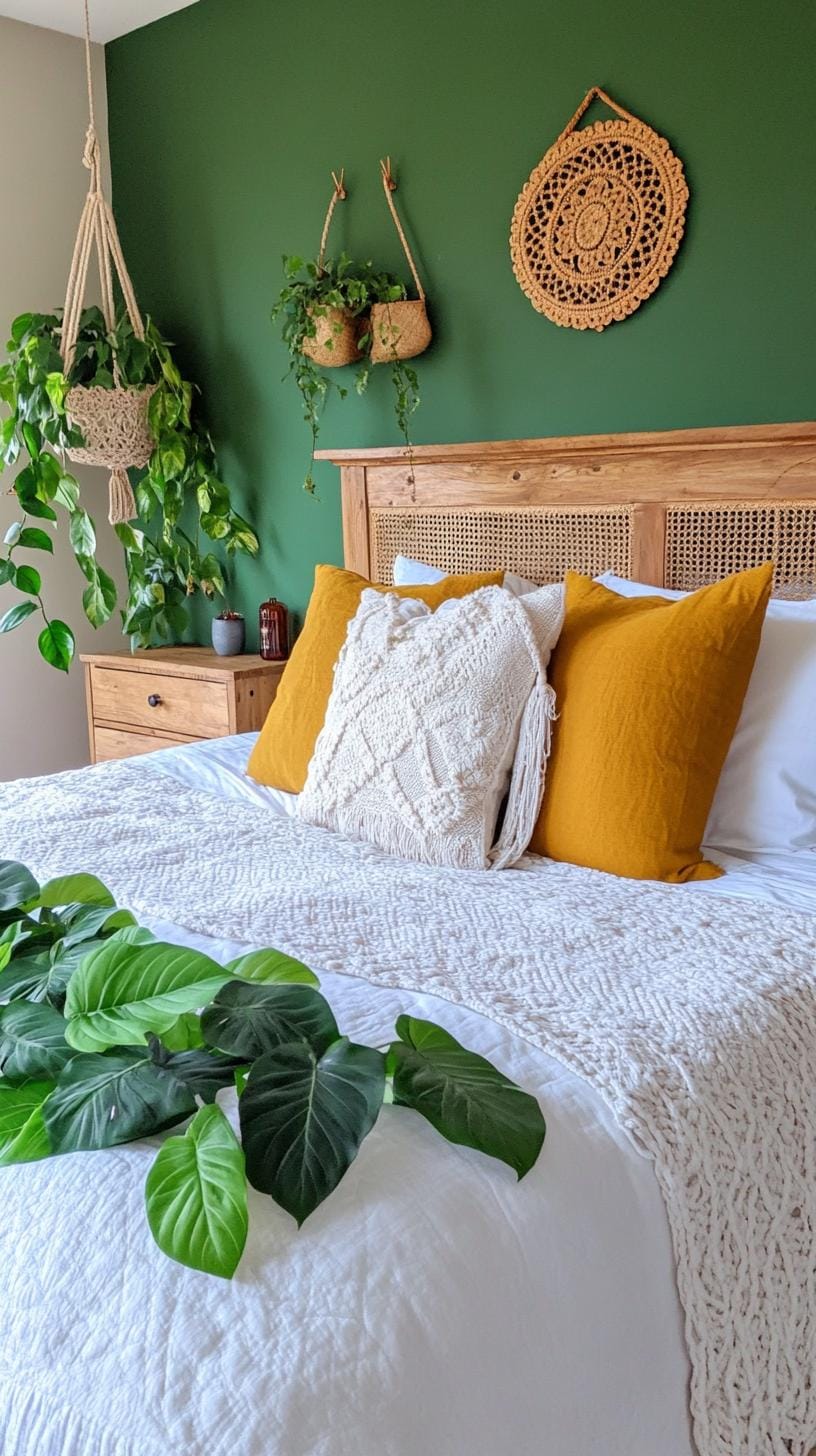 23 Atmospheric Boho bedroom ideas for copying 38 13. Natural wood bedside tables with earthy decor and leaf plants-0