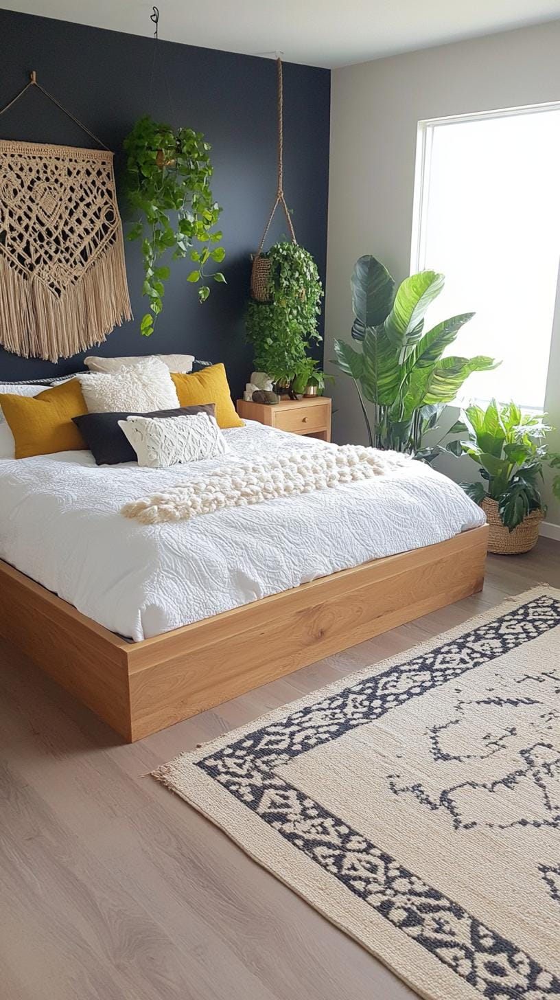 23 Atmospheric Boho bedroom ideas for copying 39 13. Natural wood bedside tables with earthy decor and leaf plants-1