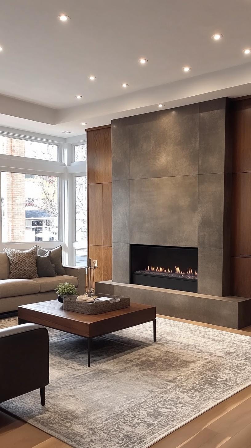 20 breathtaking mid-century modern fireplace-Makeover ideas 14 14 14 5. Natural wooden wall with in-depth contemporary gas fireplace-0