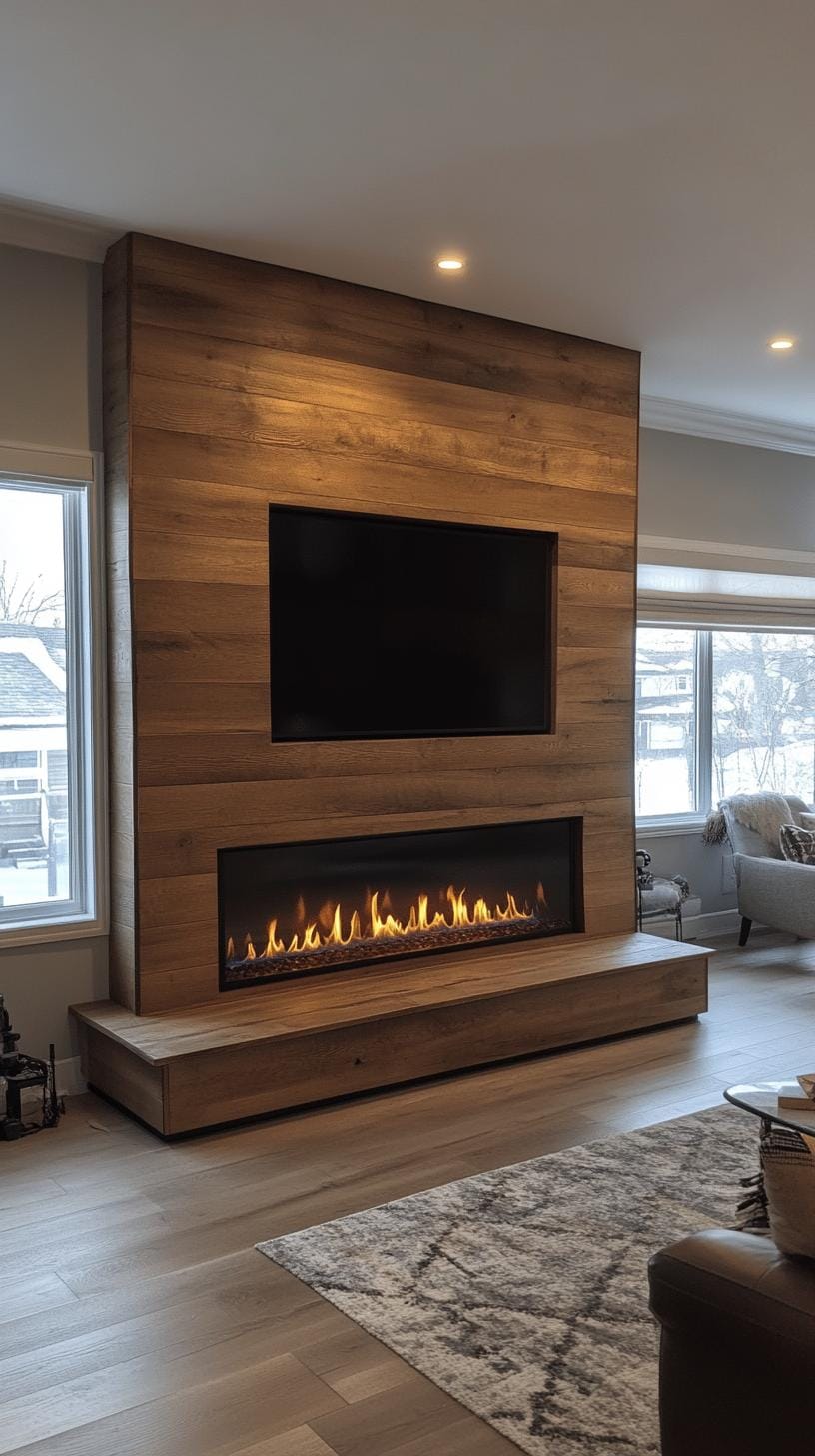 20 breathtaking mid-century modern fireplace-Makeover ideas 16 16 16 5. Natural wooden wall with in-depth contemporary gas fireplace-2