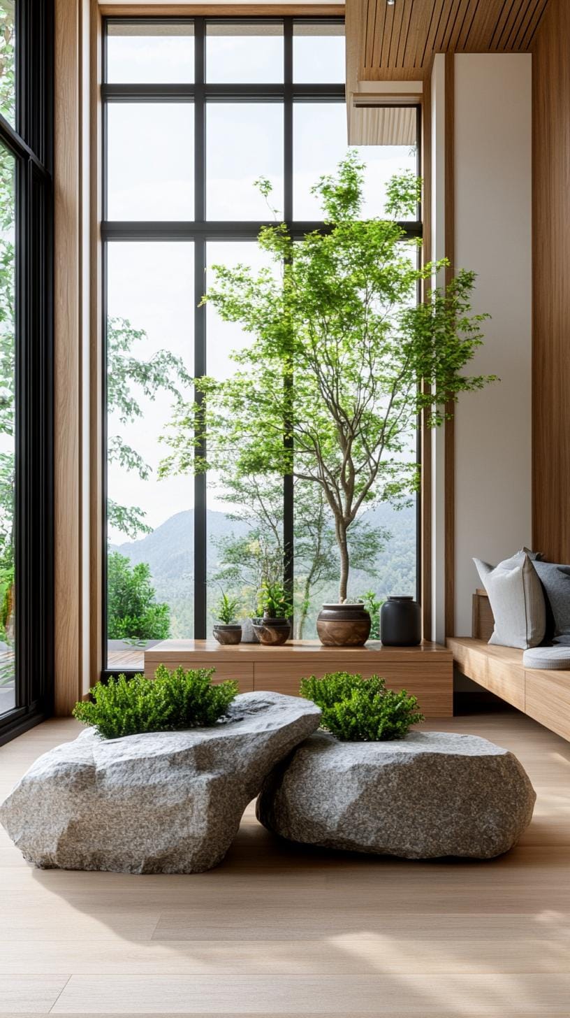 15 new Japandi living room ideas that you will love 25 9. Space infused space: inclusion of stone planters and water players-0
