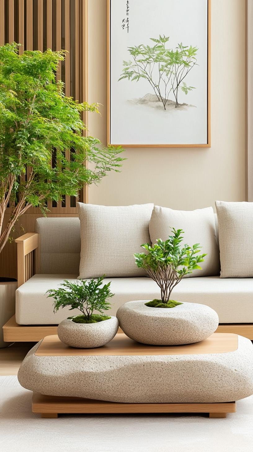 15 new Japandi living room ideas that you love 26 9. Space infused space: inclusion of stone planters and water players-1