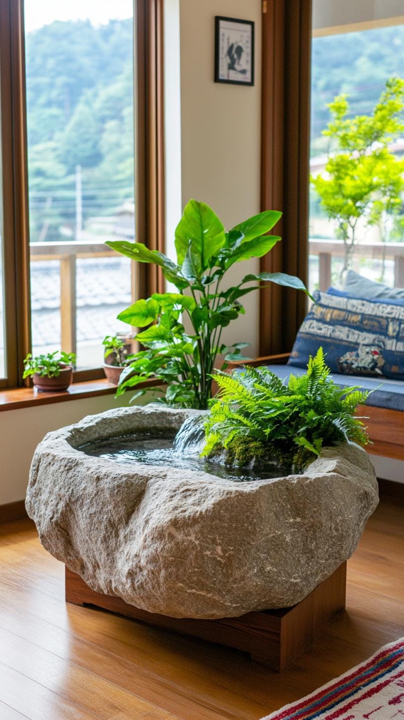 15 new Japandi living room ideas that you will love 27 9. Space infused space: inclusion of stone planters and water players-2