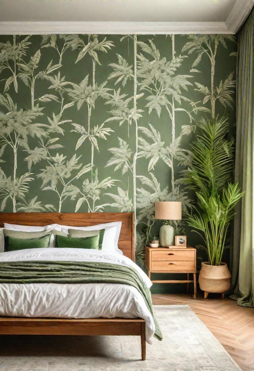 25 Trendy Sage Green Schlafzimmer Ideen für 2025 71 22. Nature infundiert Raum mit Salbei-grüne Tapete mit Botanischen Motiv-0
