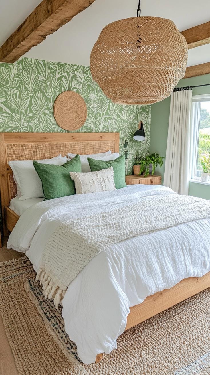25 Trendy Sage Green Schlafzimmer Ideen für 2025 72 22. Nature-infundiertes Raum mit Salbei-grüne Tapete mit botanischen Motiven-1