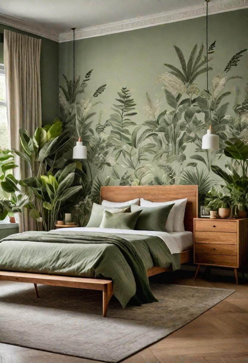 25 Trendy Sage Green Schlafzimmer Ideen für 2025 73 22. Nature infundiert Raum mit Salbei-grüne Tapete mit botanischen Motivs-2