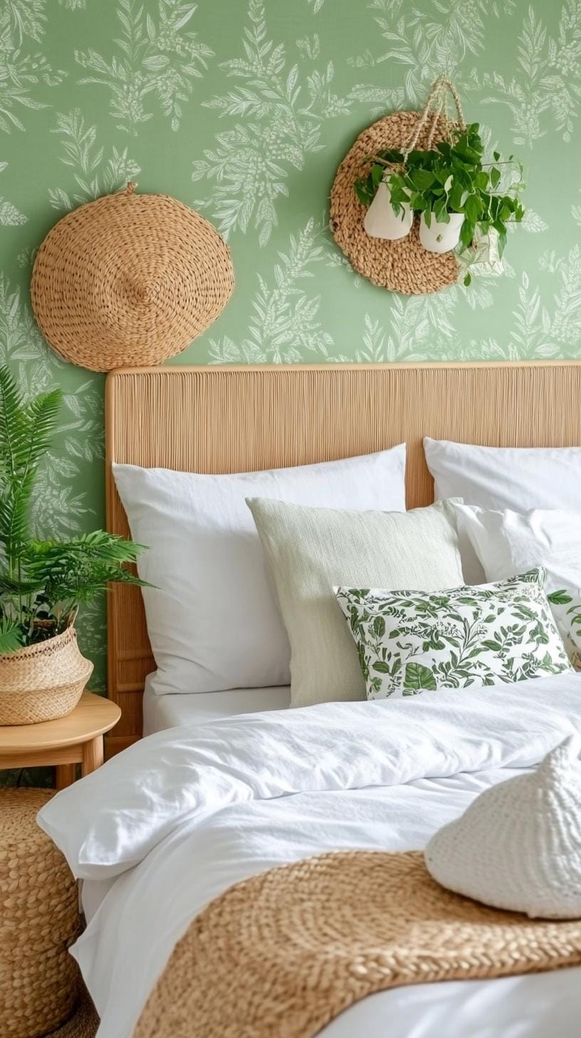 25 Trendy Sage Green Schlafzimmer Ideen für 2025 74 22. Nature infundierter Raum mit Salbei-grüne Tapete mit botanischen Motivs-3