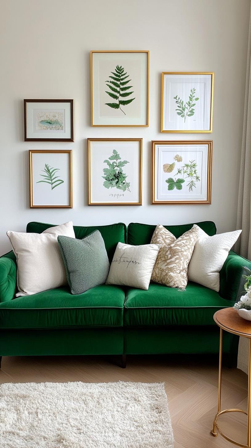 37 Gallery Wall Decor Ideas: Layouts And Styles to Elevate Any Room 54 18. Nature themed layout with botanical art and organic wood or gold frames-0