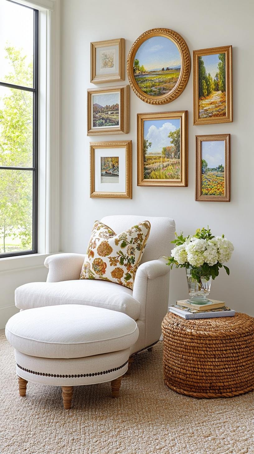 37 Gallery Wall Decor Ideas: Layouts And Styles to Elevate Any Room 56 18. Nature themed layout with botanical art and organic wood or gold frames-2