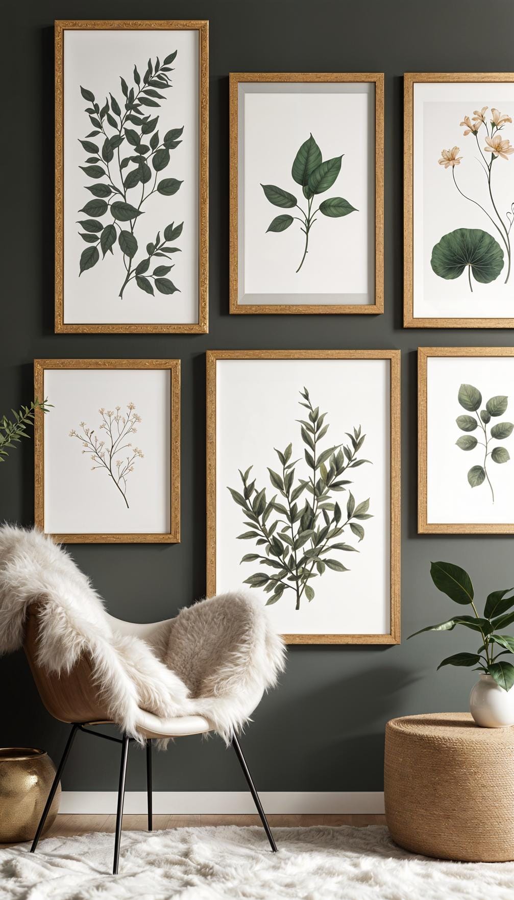 37 Gallery Wall Decor Ideas: Layouts And Styles to Elevate Any Room 57 18. Nature themed layout with botanical art and organic wood or gold frames-3