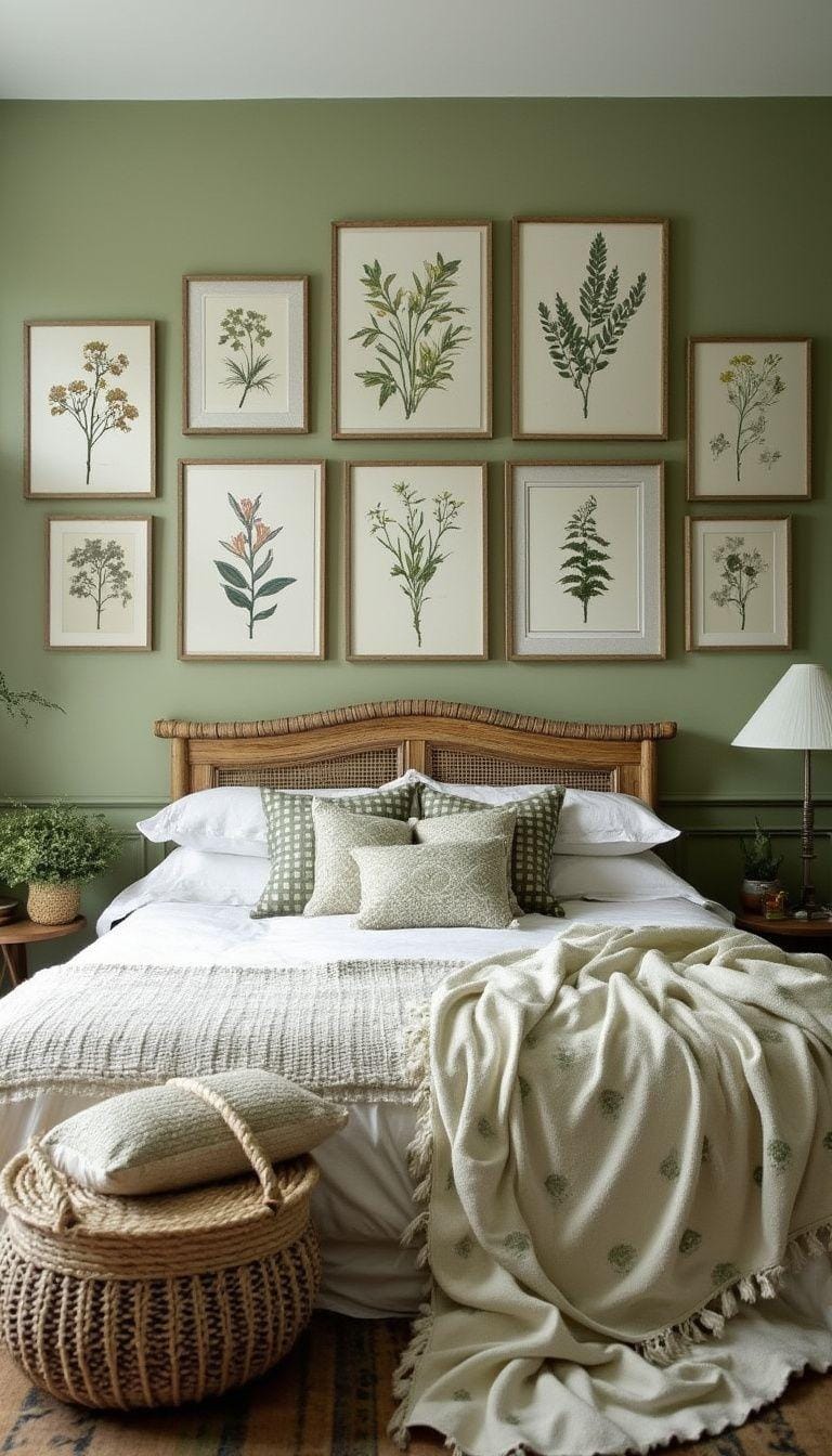 25 einzigartige Salbei grüne Boho Schlafzimmer Ideen für 2025 24 8. Nature's Gallery: Erstellen Sie ein Wandarrangement mit botanischen Kunstdrucken in Salbei und Komplementary Shades-0