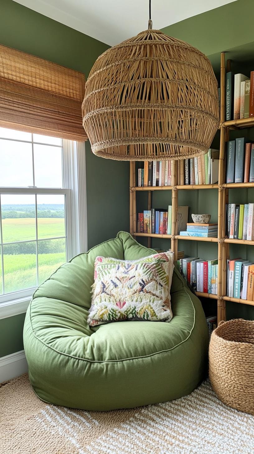 25 einzigartige Salbei grüne Boho Schlafzimmer Ideen für 2025 79 25. Nature's Nook: Entwerfen Sie einen gemütlichen Lesebereich mit einem weisen gepolsterten Stuhl und Bambus-Bücherregeln-0