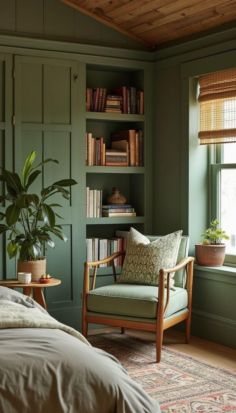 25 einzigartige Salbei grüne Boho Schlafzimmer Ideen für 2025 80 25. Nature's Nook: Entwerfen Sie einen gemütlichen Lesebereich mit einem weisen gepolsterten Stuhl und Bambus-Bücherregalen-1