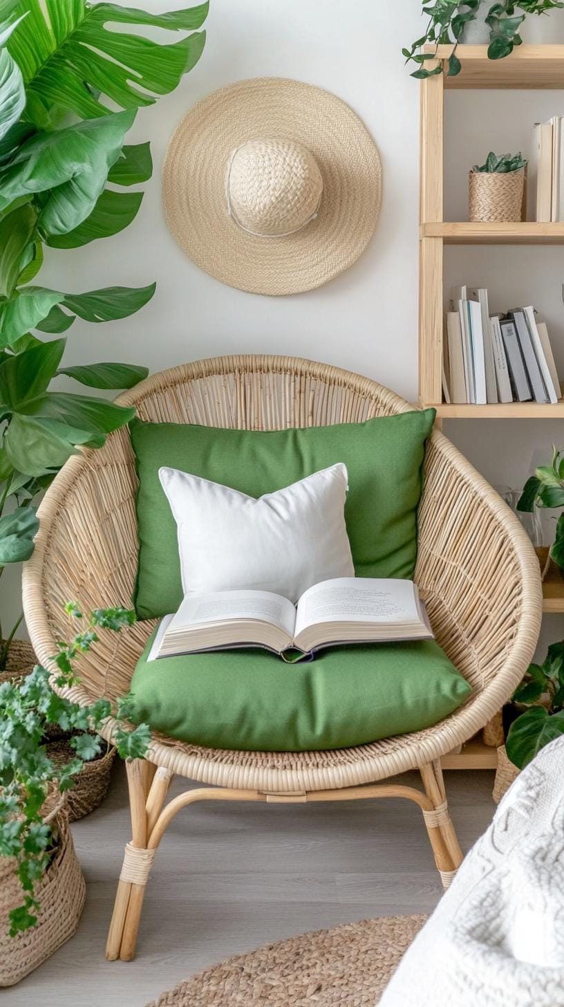25 einzigartige Salbei grüne Boho Schlafzimmer Ideen für 2025 81 25. Nature's Nook: Entwerfen Sie einen gemütlichen Lesebereich mit einem weisen gepolsterten Stuhl und Bambus-Bücherregalen-2