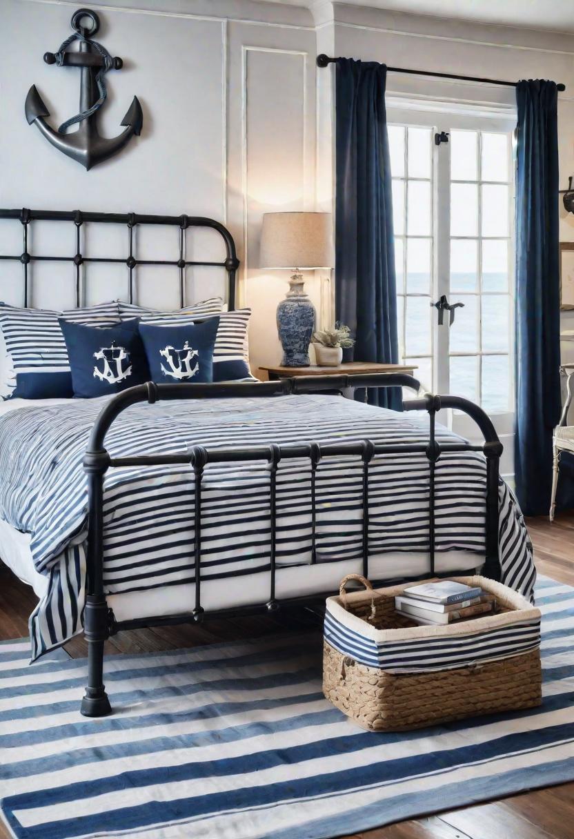43 Relaxing Coastal Bedrooms for Breezy Retreats 4 2. Nautical Bedding on Vintage Frame-0