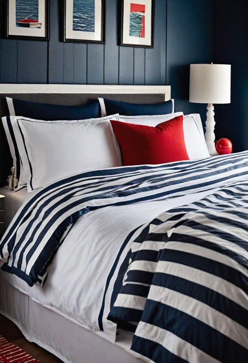 43 Relaxing Coastal Bedrooms for Breezy Retreats 26 24. Nautical Bedding with Red Accents-0