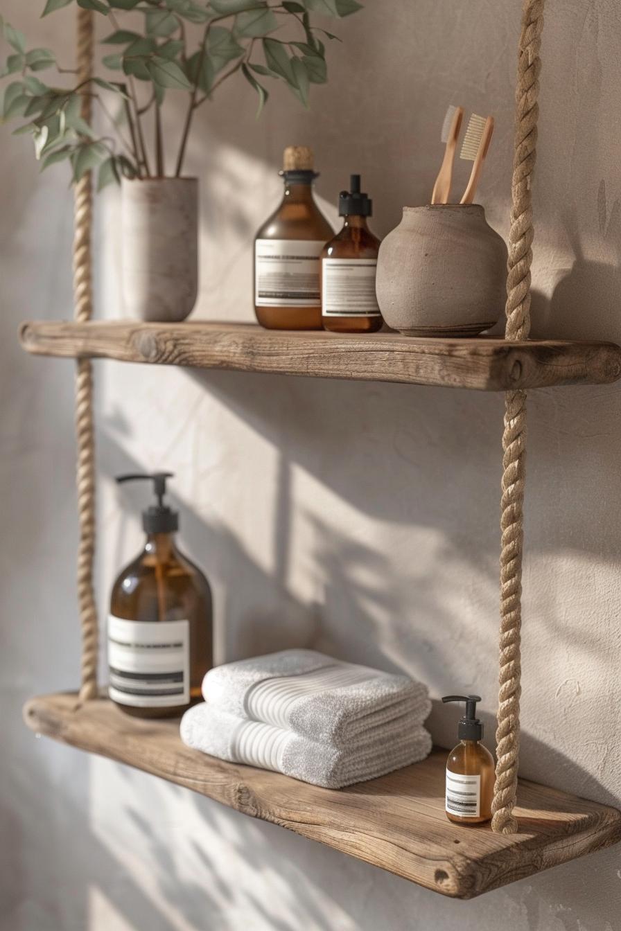 15 Genius & beautiful ideas for bathroom shelf that you have to see 3 1. Lake rope suspended shelf-0