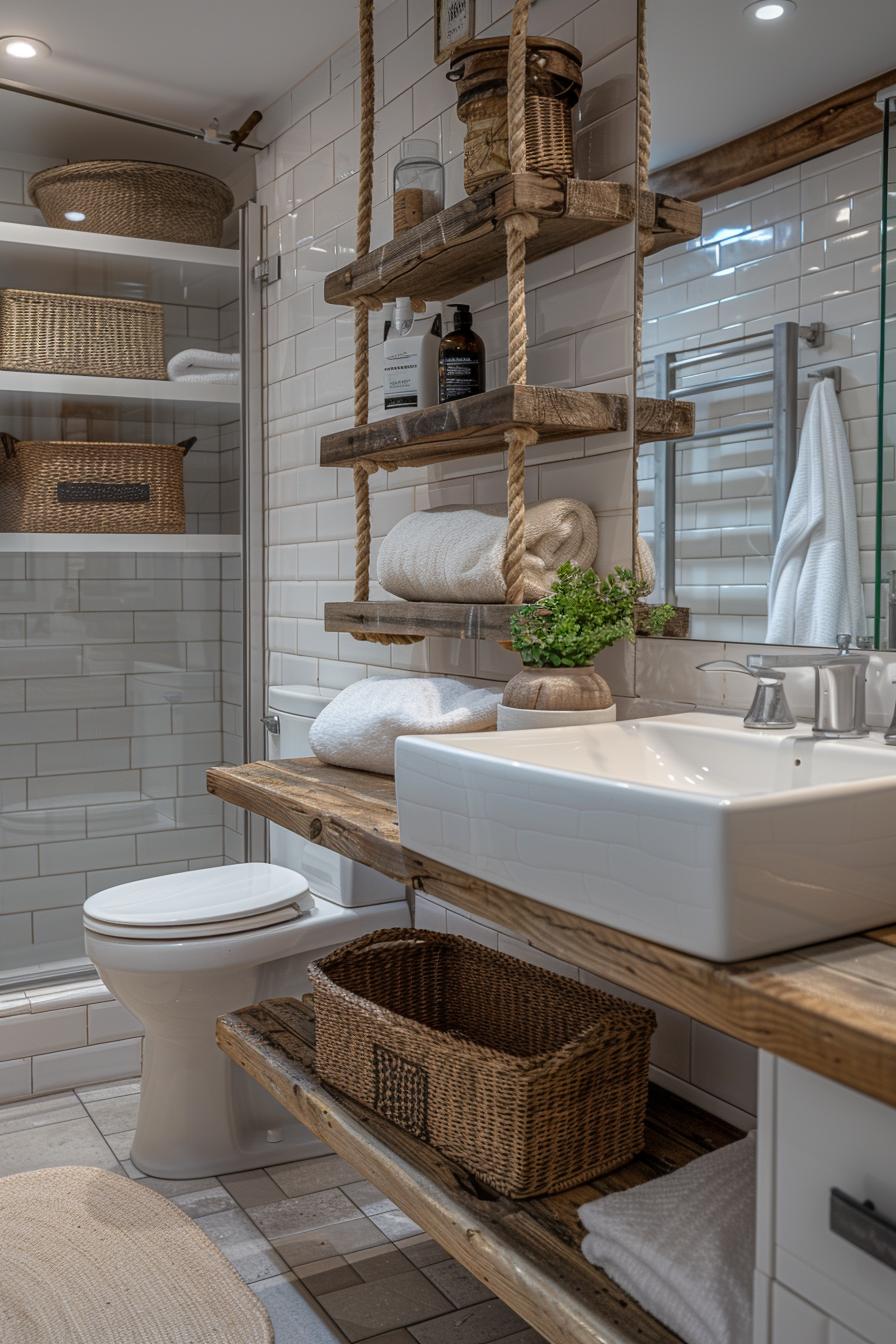 15 Genius & beautiful bathroom shelf ideas you have to see 4 1. Lake rope suspended shelves-1