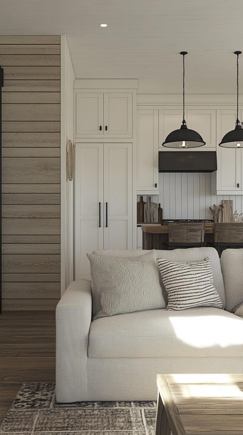 23 Best modern farmhouse living room ideas to inspire you 6 2. Neutral wood and white color scheme with black metal accents-0