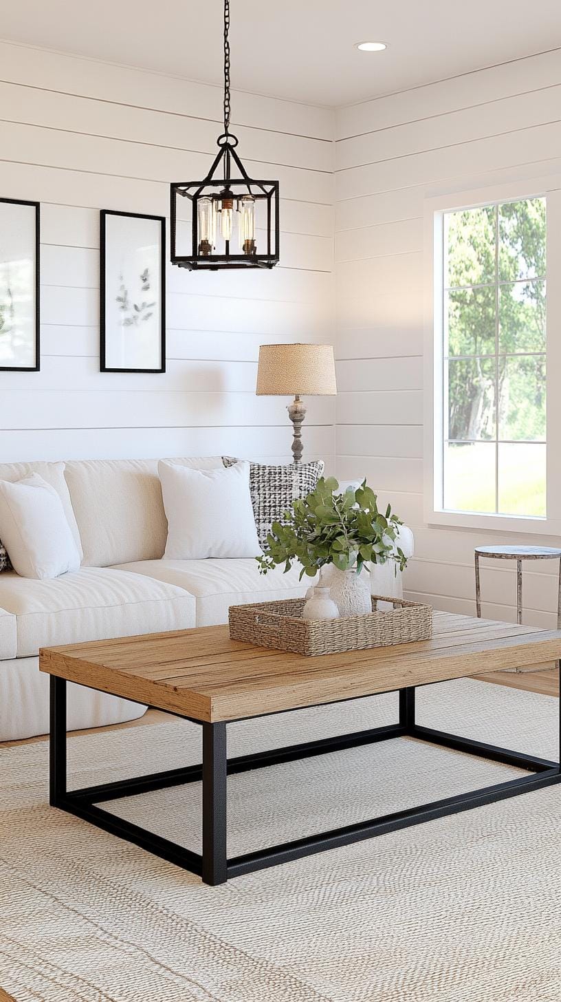 23 Best modern farmhouse living room ideas to inspire you 7 2. Neutral wood and white color scheme with black metal accents-1