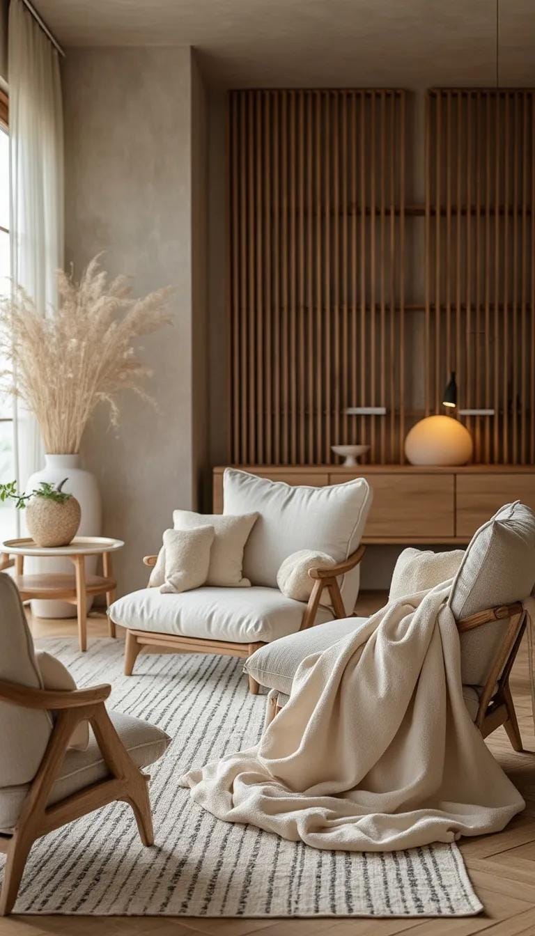 21 Cozy organic modern living room ideas for copying 3 1. Neutral furniture with structured fabrics and wood accents-0