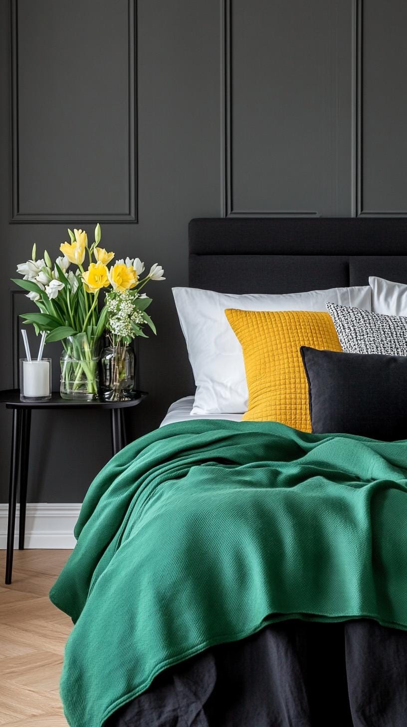 20 elegant black and green bedroom ideas that you have to see 47 15. Nordic nights: Mix deep green fabrics with black Scandinavian furniture for simplicity and style-1