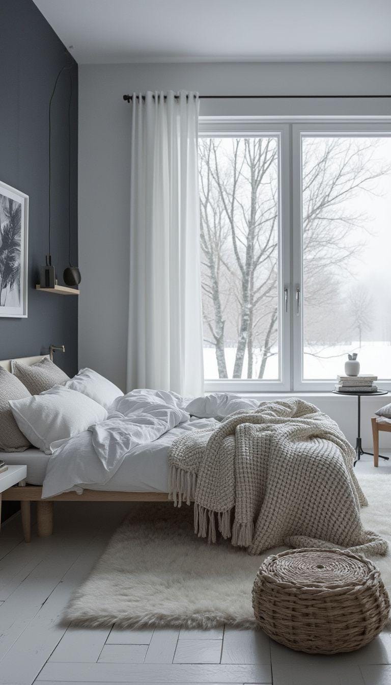 20 new minimalist bedroom ideas to inspire your 2025 refreshment 21 6. Nordic winter warmth: Use cool white with deep marine or charcoal to create cozy Stark Kness-0.