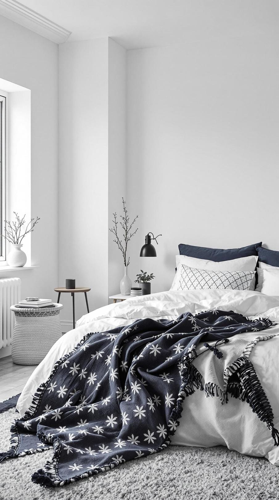20 new minimalist bedroom ideas to inspire your 2025 refreshment 23 6. Nordic winter warmth: Use cool white with deep marine or charcoal to create cozy strong knife-2.