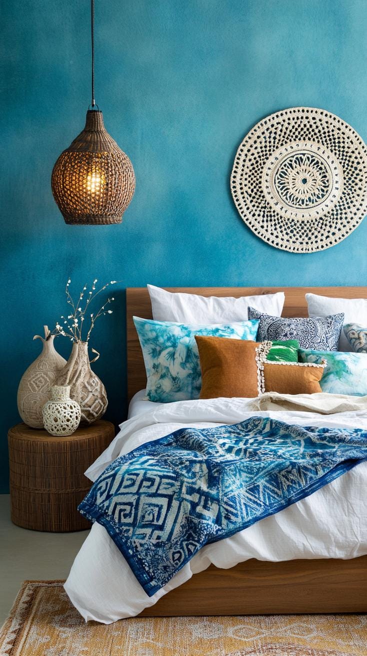 21 Best Blue Boho bedroom ideas to inspire you 34 10. Oceanic opulence: Imagine a look inspired by Ocean with Shibori textiles and pearl curtain parties, 1