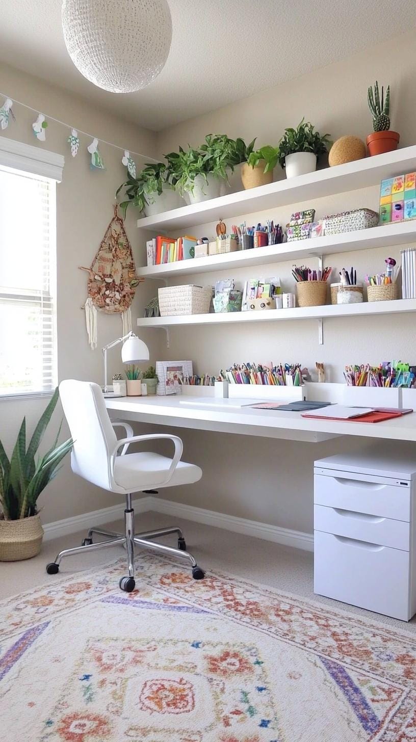 25 Bastelraumideen mit genialen Organisation und Dekor Tipps 36 12. Office-Craft Room Combo mit schwimmenden weißen Regalen-0