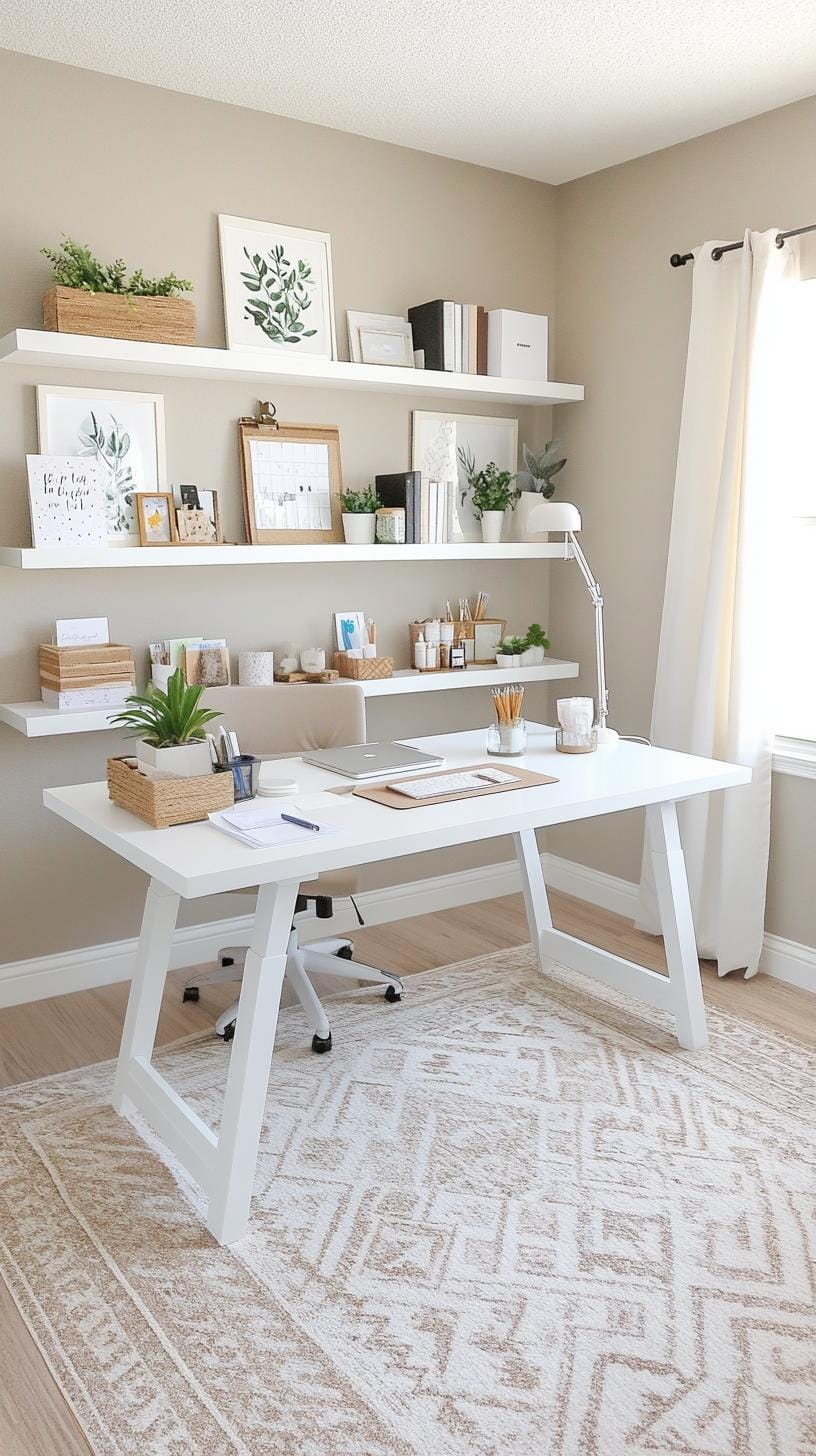 25 Bastelraum -Ideen mit genialen Organisation und Dekor Tipps 37 12. Office-Craft Room Combo mit schwimmenden weißen Regalen-1
