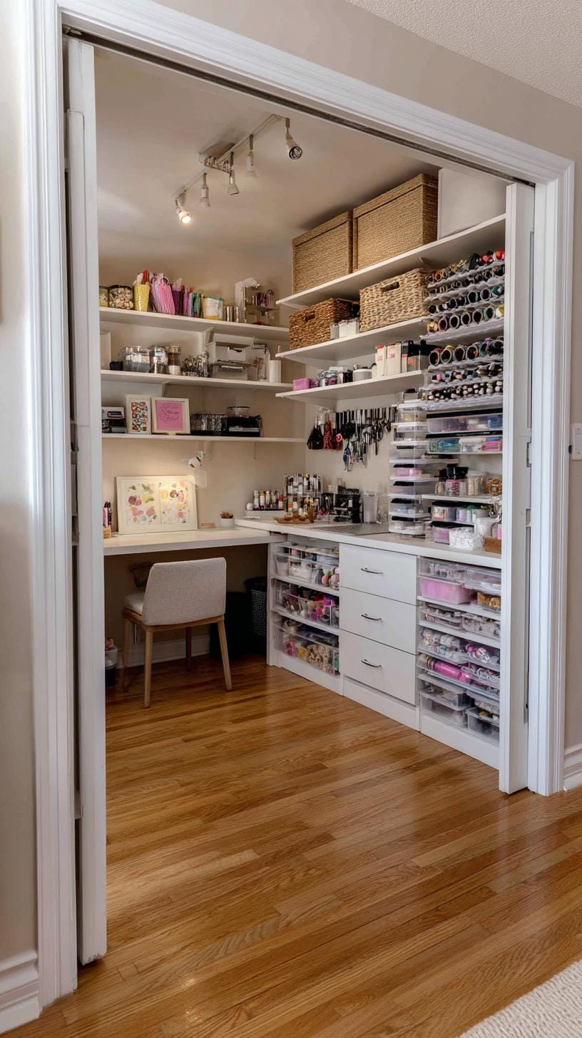 25 Bastelraum -Ideen mit genialen Organisation und Dekor Tipps 38 12. Office-Craft Room Combo mit schwimmenden weißen Regalen-2
