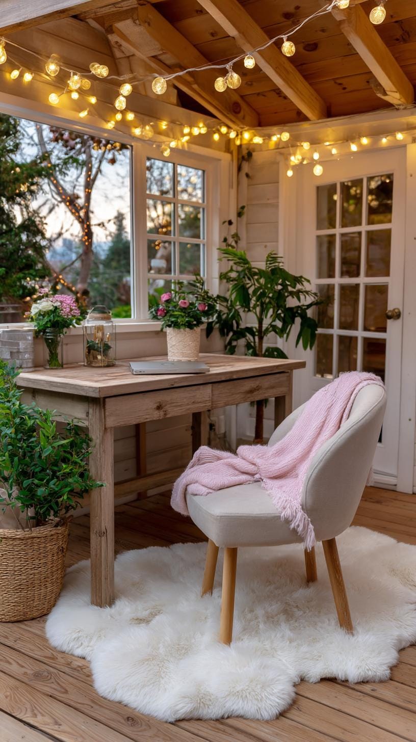 31 Home Office Ideas to Upgrade Your Work From Home Setup 40 14. Office in a converted shed with cozy lighting-0