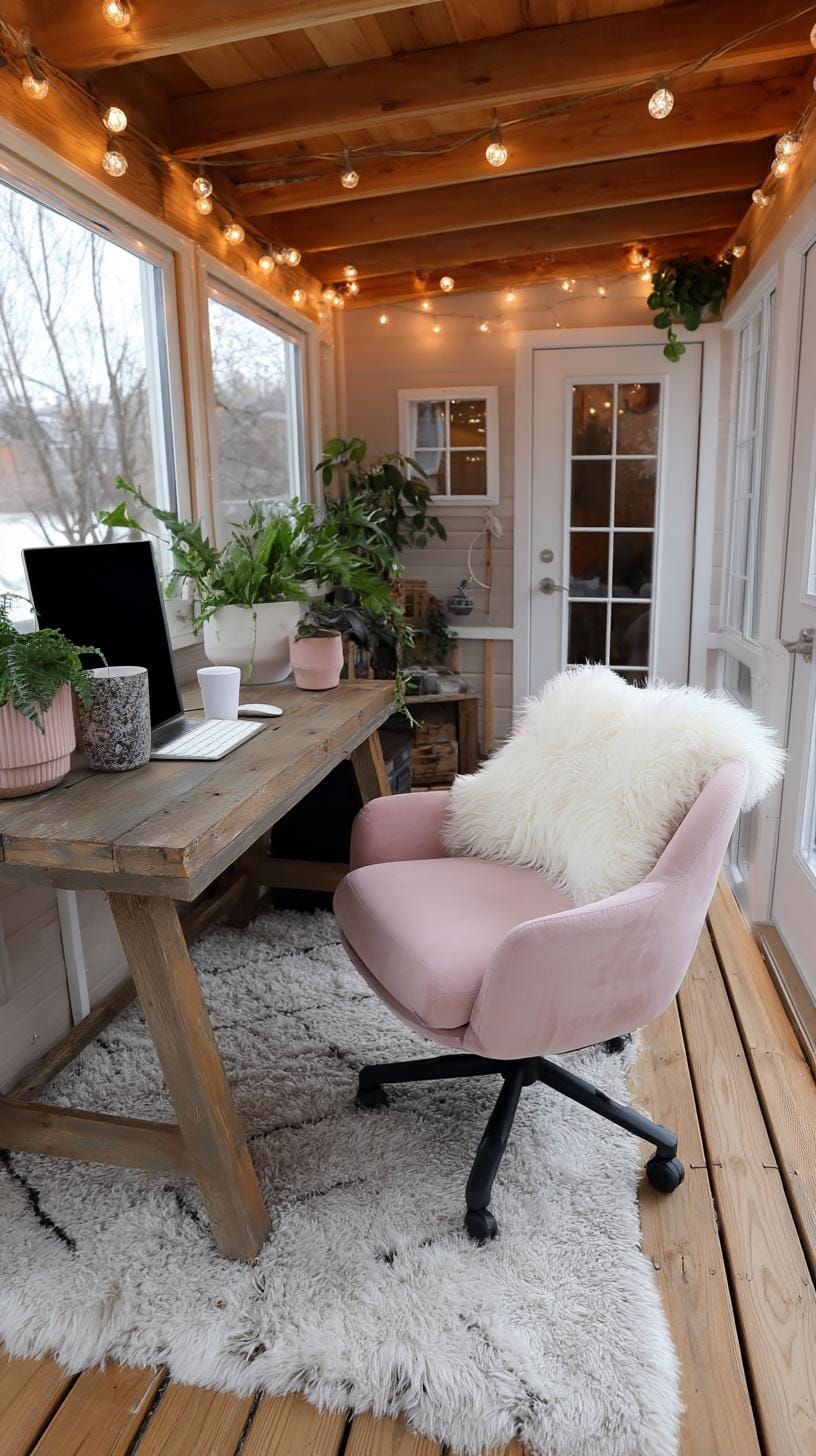 31 Home Office Ideas to Upgrade Your Work From Home Setup 42 14. Office in a converted shed with cozy lighting-2