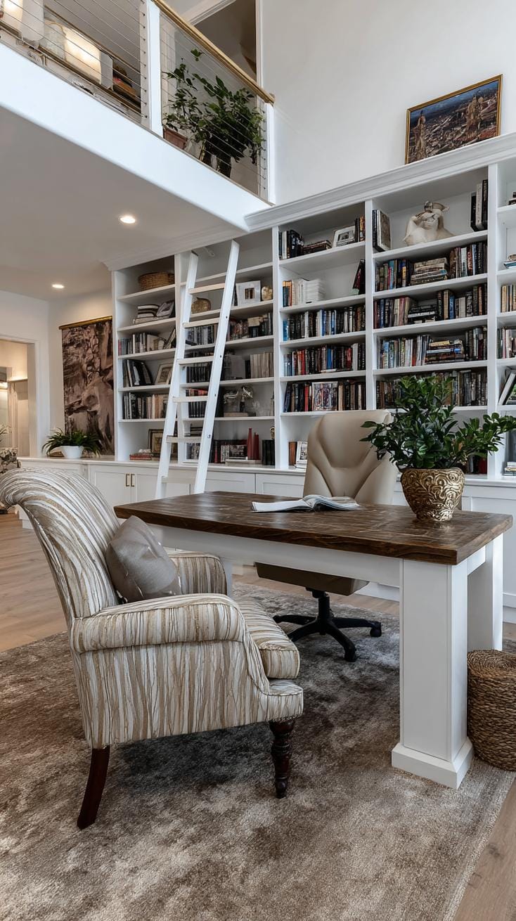 31 Home Office Ideas to Upgrade Your Work From Home Setup 67 24. Office-library hybrid with full-height shelving-0