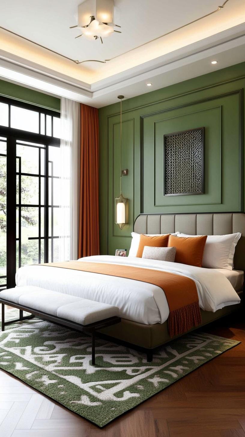 23 atemberaubende Ideen für olivgrüne Schlafzimmer, die Sie absolut lieben werden 49 15. Olive Green Art Deco Schlafzimmer mit komplizierten Metallarbeiten und mutigen Akzenten-0