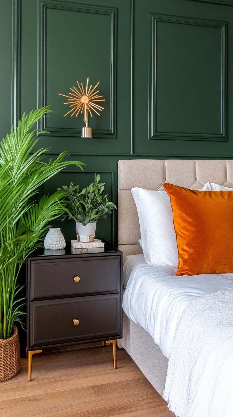 23 atemberaubende Ideen für olivgrüne Schlafzimmer, die Sie absolut lieben werden 50 15. Olive Green Art Deco Schlafzimmer mit komplizierten Metallarbeiten und mutigen Akzenten-1