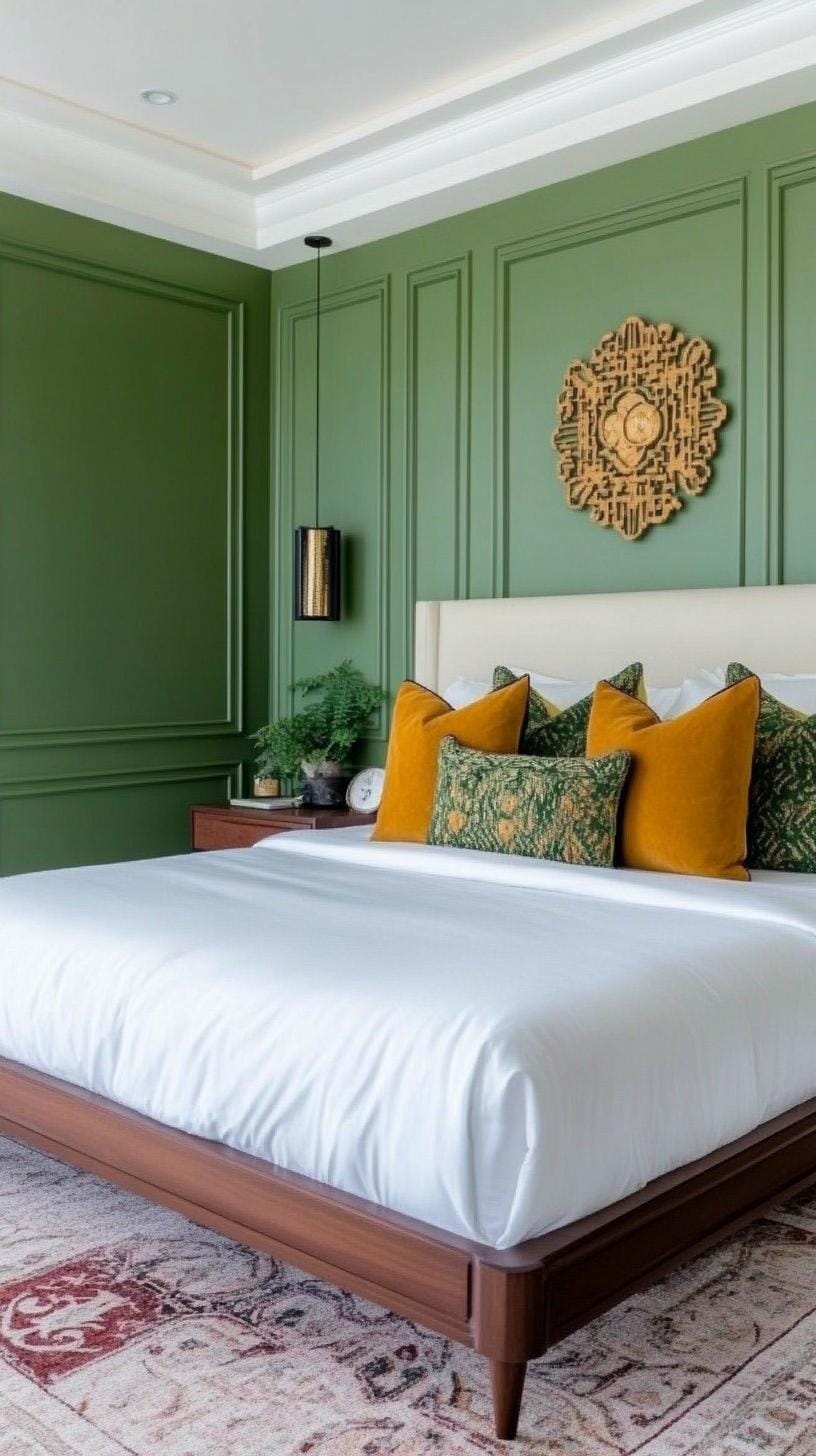 23 atemberaubende Ideen für olivgrüne Schlafzimmer, die Sie absolut lieben werden 51 15. Olive Green Art Deco Schlafzimmer mit komplizierten Metallarbeiten und mutigen Akzenten-2