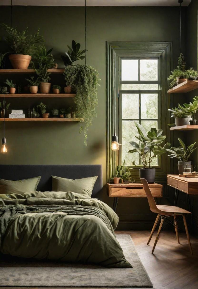 23 atemberaubende Ideen für olivgrüne Schlafzimmer, die Sie absolut lieben werden 58 18. Olivengrüner botanischer Schlafzimmer mit Pflanzen-Overhead-Regalen und Holzmöbel-0