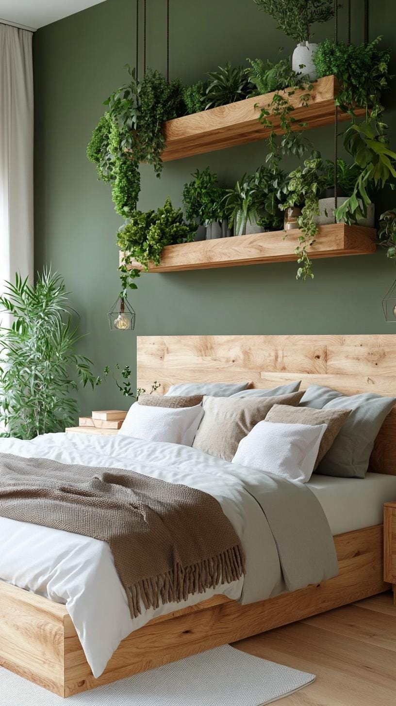 23 atemberaubende Ideen für olivgrüne Schlafzimmer, die Sie absolut lieben werden 59 18. Olivengrüner botanischer Schlafzimmer mit Pflanzen über dem Kopf und Holzmöbel-1