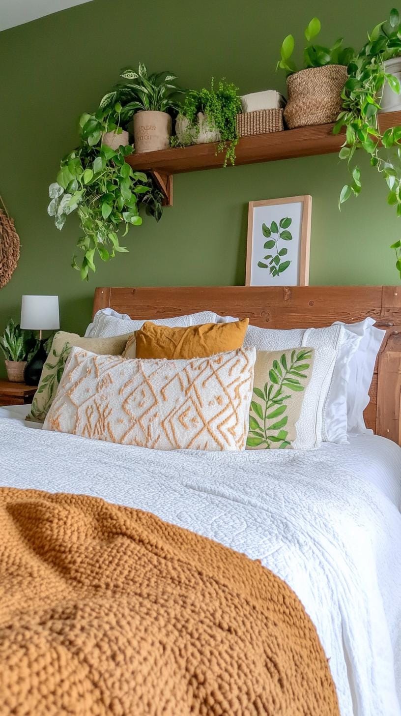 23 atemberaubende Ideen für olivgrüne Schlafzimmer, die Sie absolut lieben werden 60 18. Olivengrüner botanischer Schlafzimmer mit Pflanzen-Overhead-Regalen und Holzmöbel-2