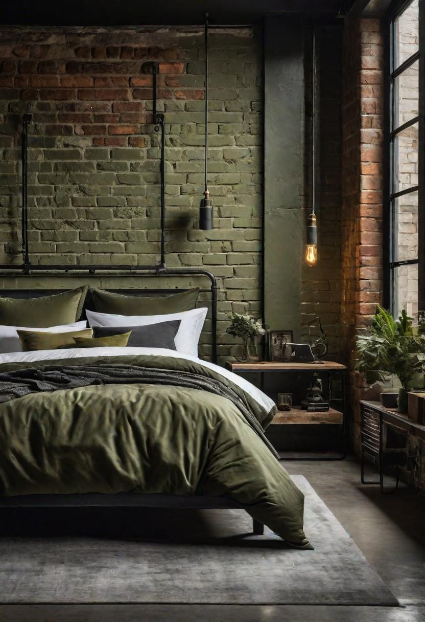 23 atemberaubende Ideen für olivgrüne Schlafzimmer, die Sie absolut lieben werden 30 9. Olive Green Industrial Loft-Schlafzimmer mit exponiertem Brick-0