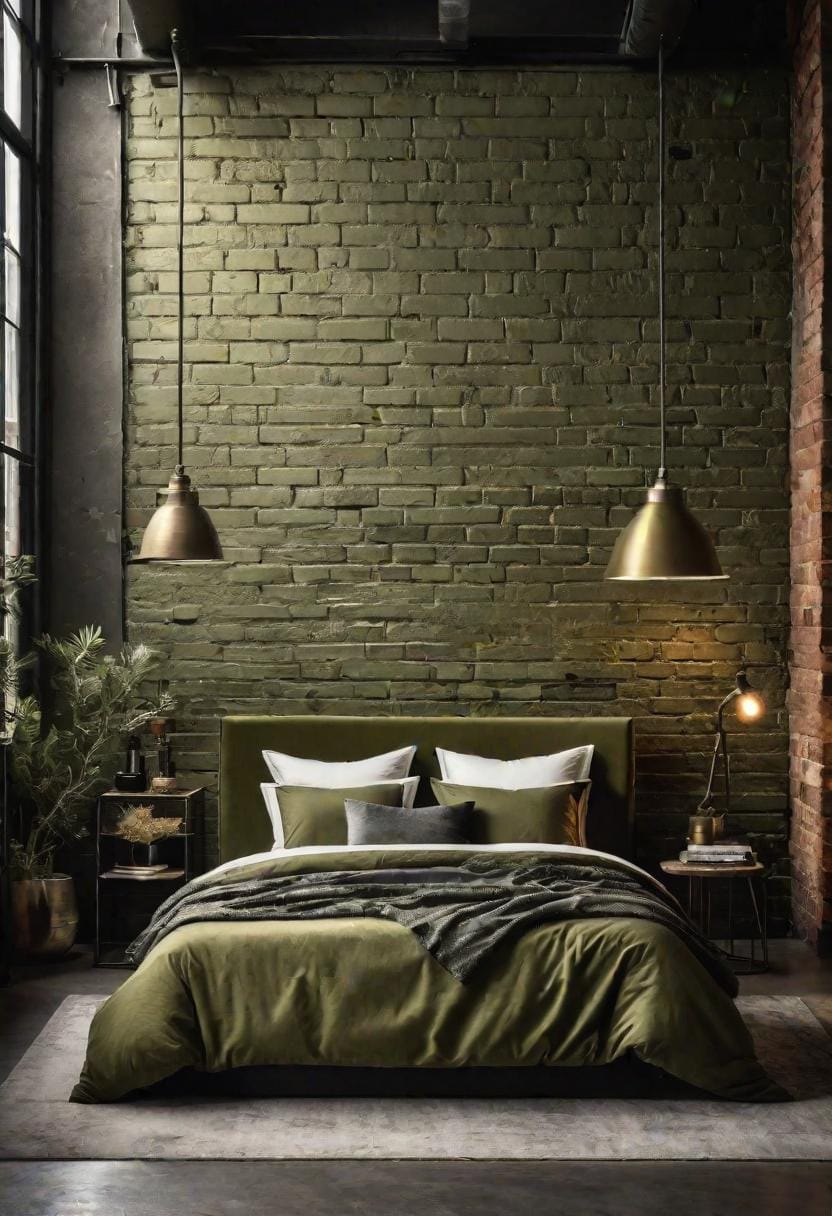 23 atemberaubende Ideen für olivgrüne Schlafzimmer, die Sie absolut lieben werden 31 9. Olivengrüner Schlafzimmer im industriellen Loft-Stil mit freiliegendem Brick-1