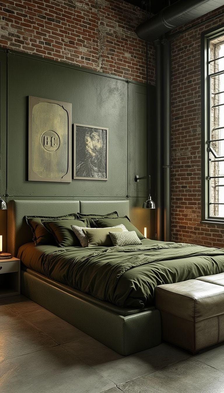 23 atemberaubende Ideen für olivgrüne Schlafzimmer, die Sie absolut lieben werden 32 9. Olive Green Industrial Loft-Schlafzimmer mit exponiertem Brick-2